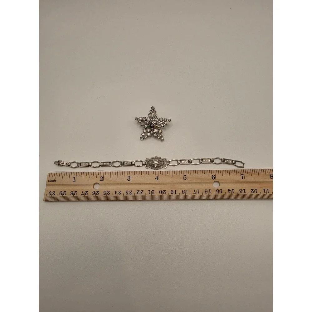 Vintage Order of the Eastern Star OES Rhinestone Star Brooch & Filigree Bracelet